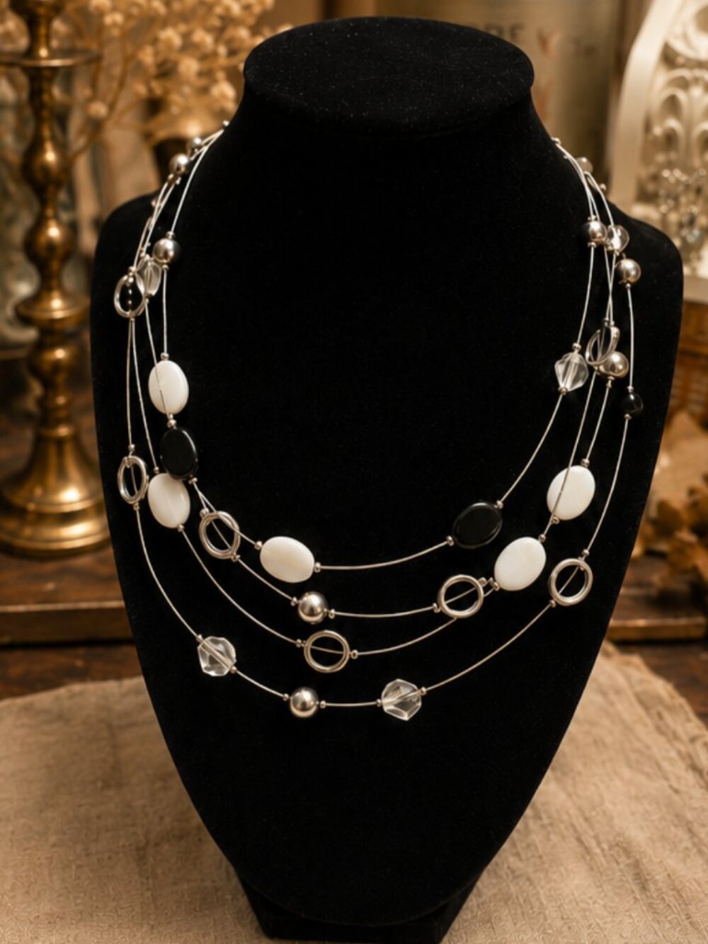 Silver-Tone Multi-Strand Beaded Statement Necklace